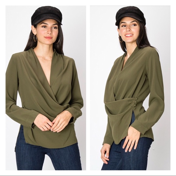 Olive wrap style long sleeve blouse - Picture 1 of 4